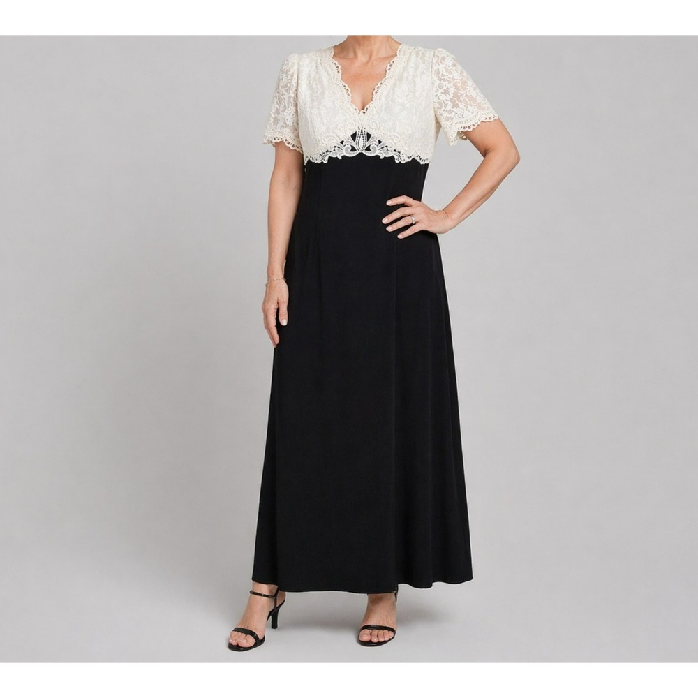 Vintage Jessica McClintock for Dillard's Size 16 White Lace & Black Formal Dress